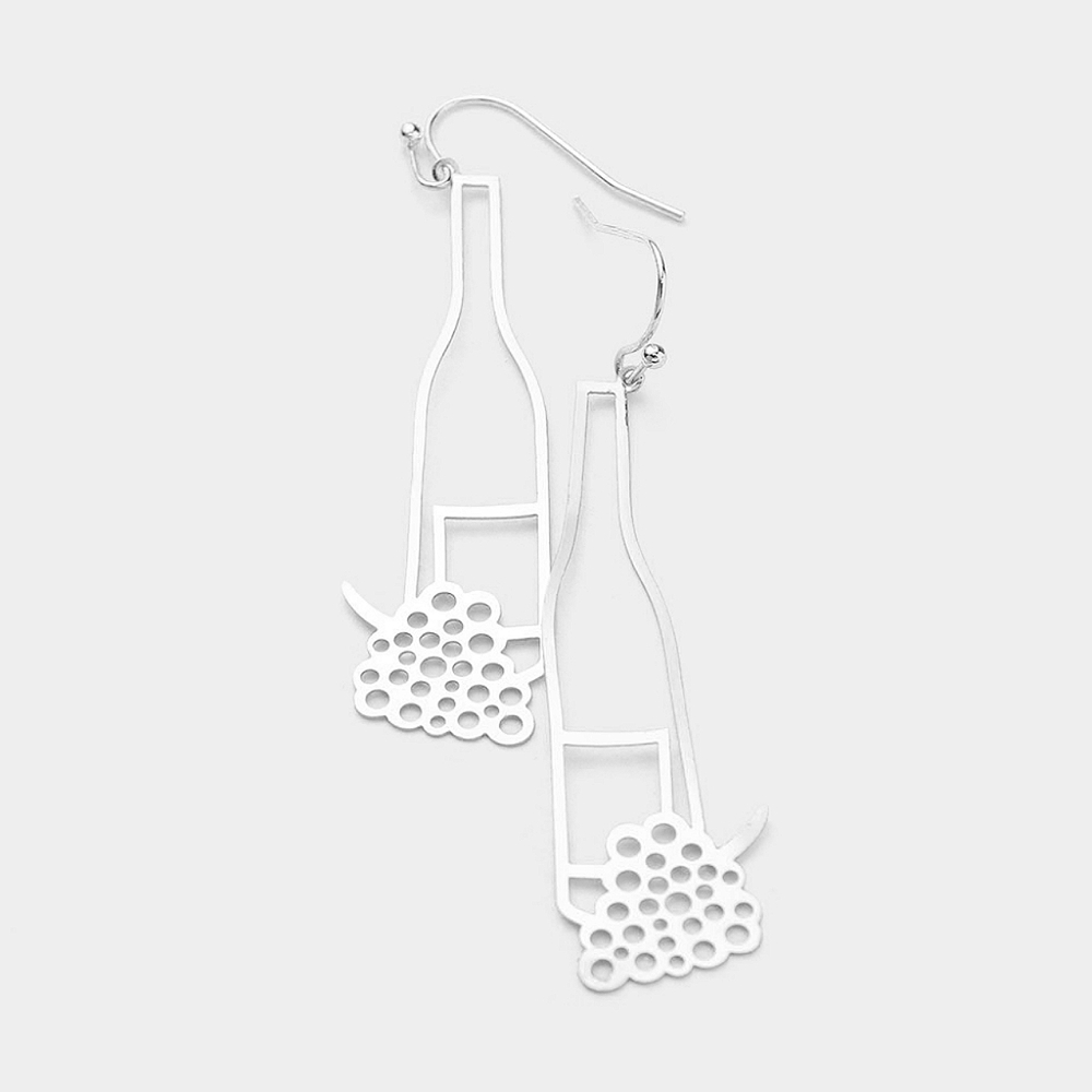 Silver Wine Bottle & Grapes Cut Out Dangle Earrings Champagne Metal Fun Fashion